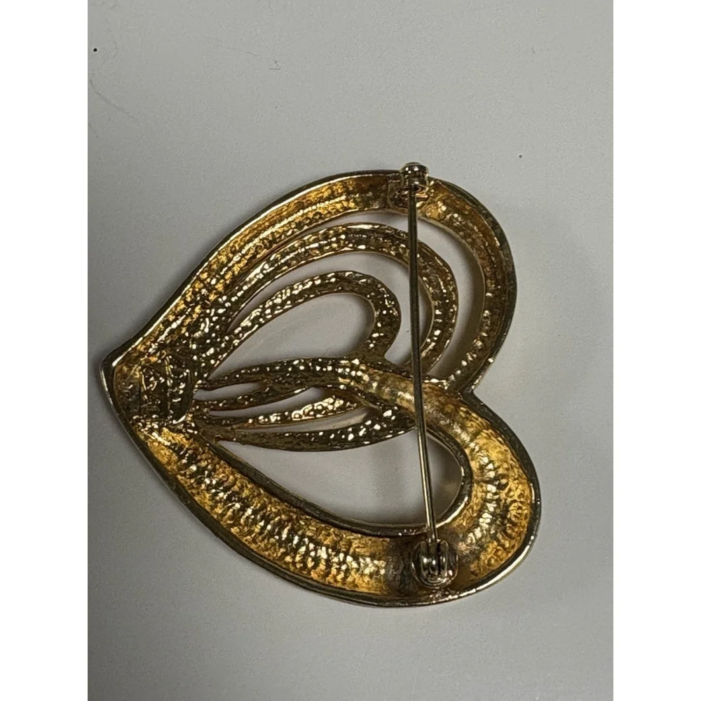 Allison Reed Signed Vintage Gold Tone Heart Brooch 2.25” Valentines Day Jewelry